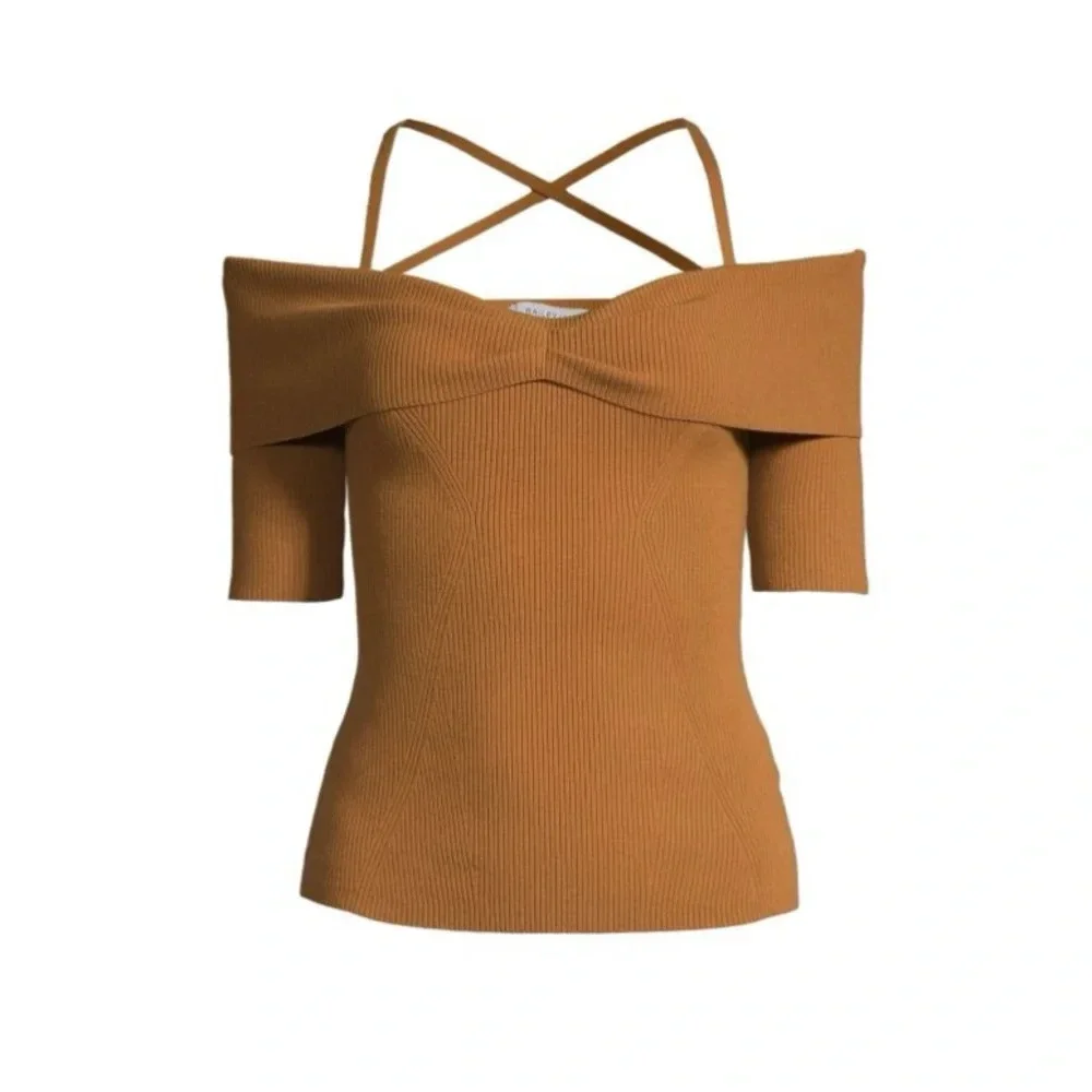 Bailey 44 Camel Off Shoulder Top L Long Sleeve Ribbed Stretch Casual NWT - Picture 2 of 8
